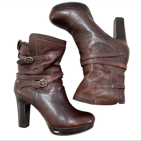 UGG Olivia Brown Leather High Heel Platform ankle Boots Sherpa  Women's US 6.5 - Picture 2 of 7